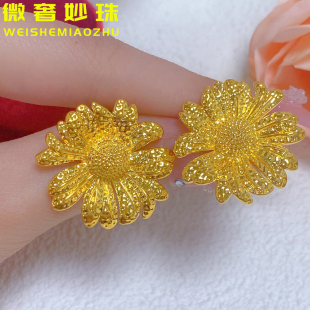 5D硬金黄金太阳花耳钉女999足金向日葵亮面纯金正品 耳环耳饰送礼