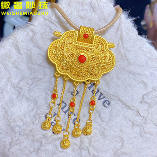 5D硬金黄金天子门生吊坠女999足金龙凤锁包流苏项链挂坠送礼女款