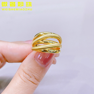 5D硬金黄金五环戒指女999足金环环相扣拉丝亮面指环食指戒送女友