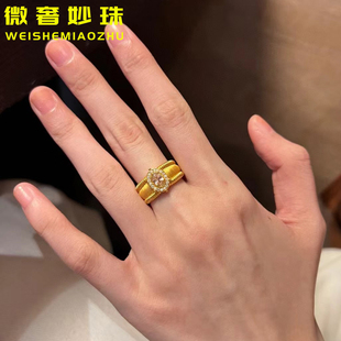 5D硬金黄金点钻鸽子蛋戒指女999足金镶嵌大气莫桑钻指环纯金新款