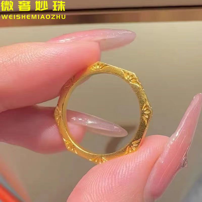 古法黄金八方来财戒指女999足金情侣款素圈食指戒纯金指环送女友