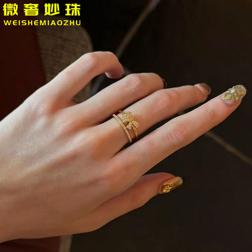 5D硬金黄金蝴蝶结戒指女999足金新款点钻镶嵌蝴蝶指环食指戒送礼