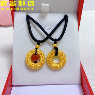 5D硬金黄金平安扣黑绳项链女999足金男款纯金情侣款挂坠送礼正品