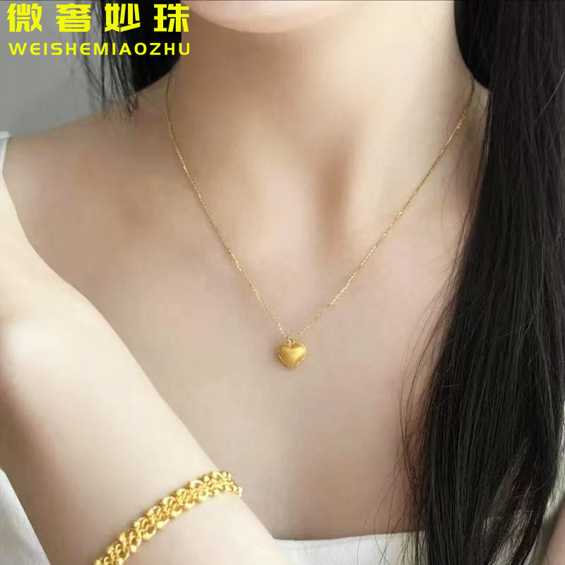 5G黄金拉丝爱心吊坠女999足金新款小清新气质心形项链挂坠送女友