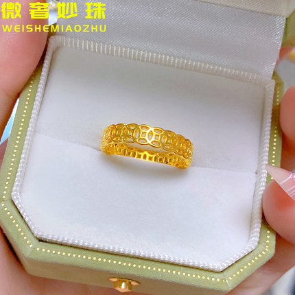 5D硬金黄金钱币铜钱戒指女款999足金财源滚滚金钱指环纯金食指戒