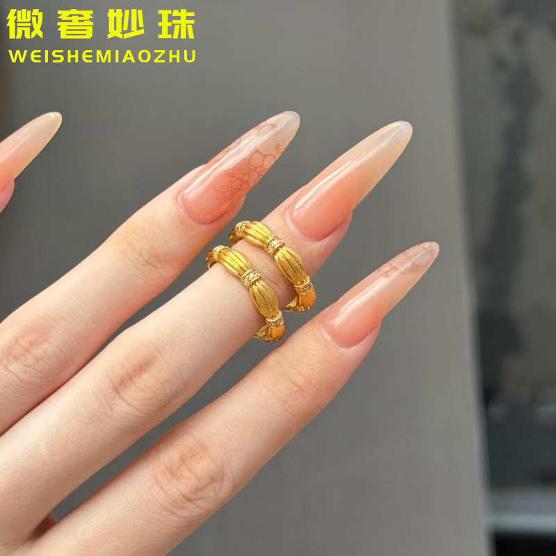 5D硬金黄金丝绒绸缎戒指女款999足金时尚点钻镶嵌指环纯金食指戒