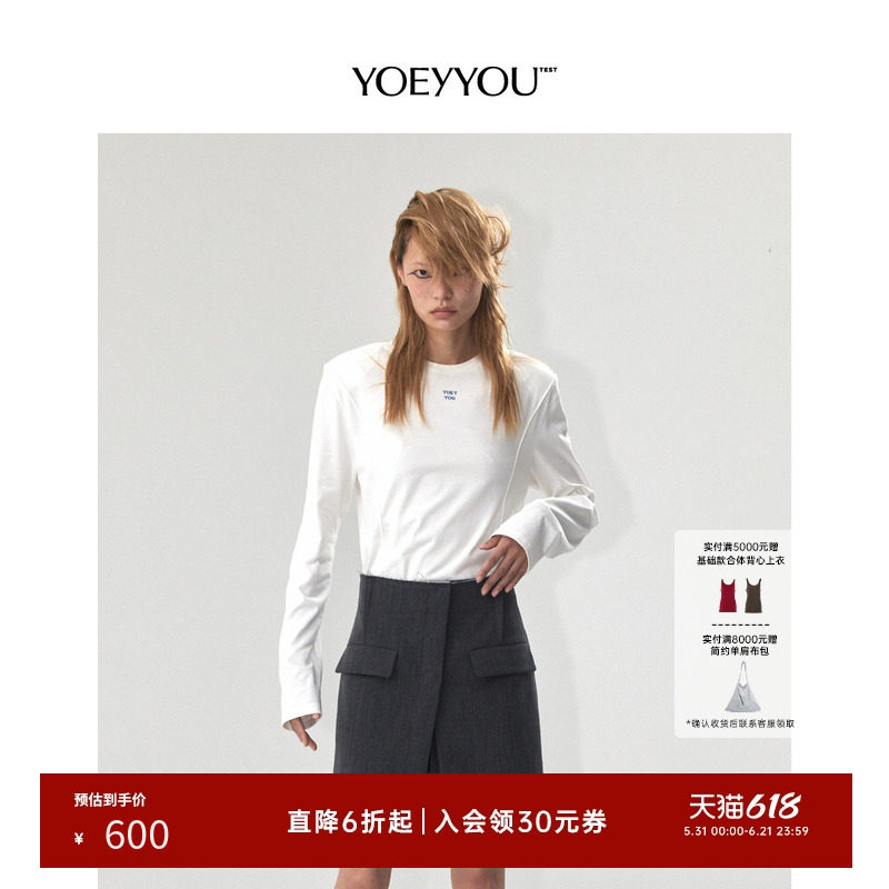 YOEYYOU小众设计师品牌t恤女垫肩长袖立体分割随性设计师款上衣春