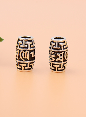 S925纯银六字真言橄榄珠 复古染黑DIY手工编绳配件红绳串珠配件