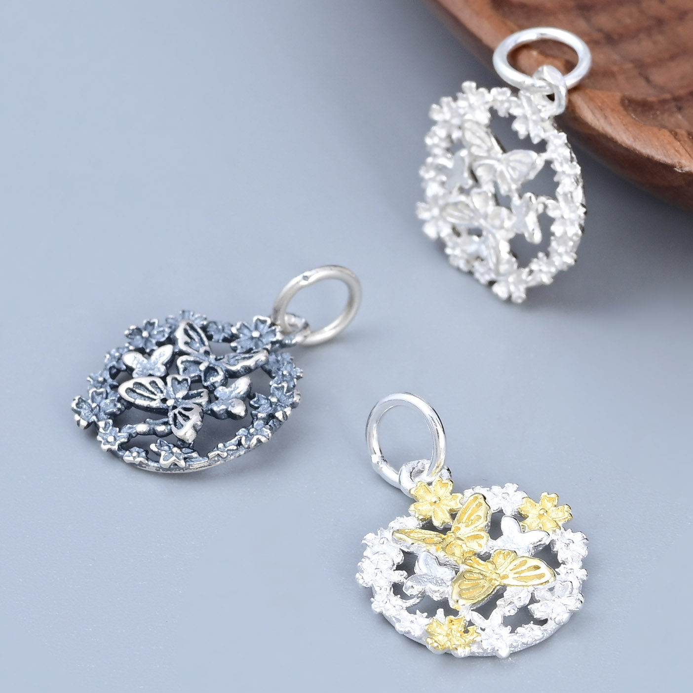 S925纯银樱花镂空小吊件 新中式简约做旧分色镀金素银DIY手串配件,饰品/流行首饰/时尚饰品新,银饰配件,淘宝优惠券,粉丝福利购,淘宝优惠卷