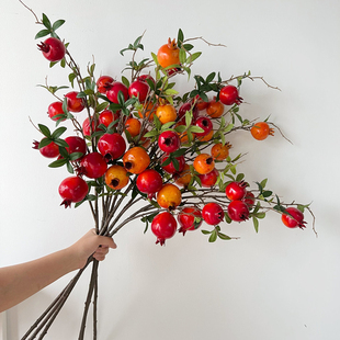 石榴花仿真花装饰摆件客厅玄关发财果柿子石榴果实假花如意插花束