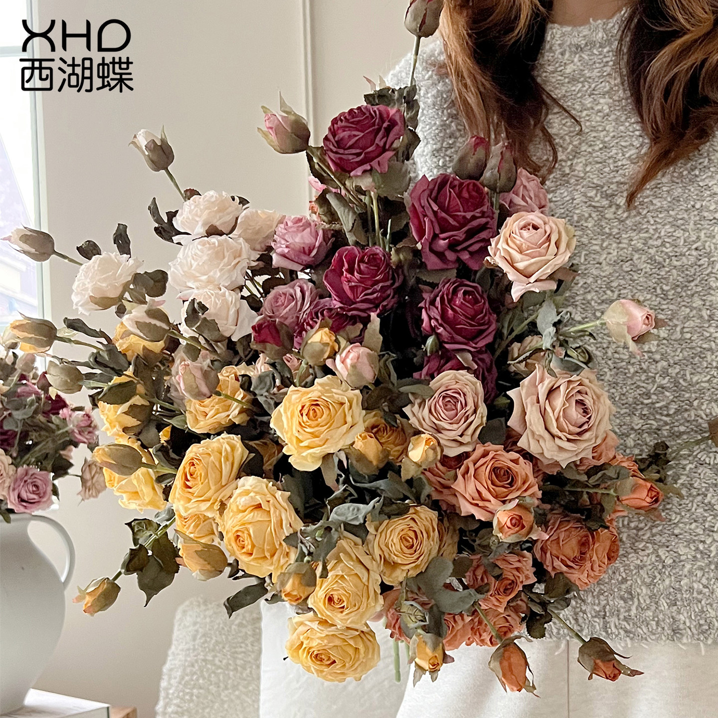 复古仿真玫瑰花束装饰花艺摆件