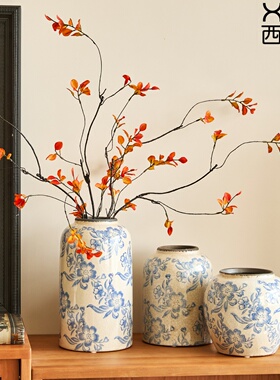 新中式青花瓷陶瓷花瓶景德镇轻奢高级感复古中古摆件客厅插花冬青