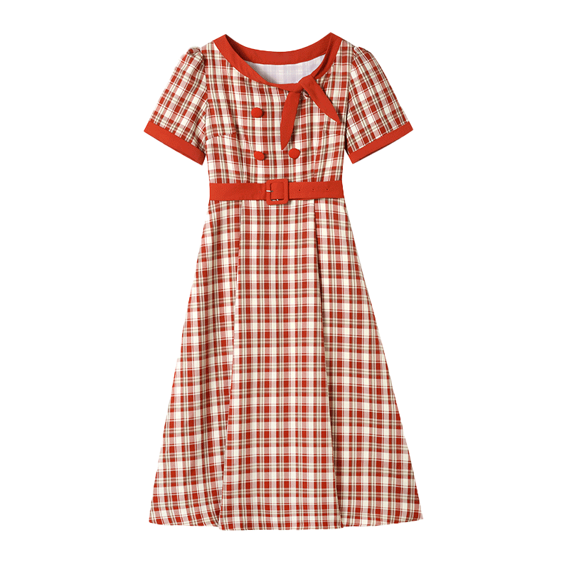 2024夏季新款时尚减龄裙子法式初恋甜美显瘦复古格子腰带连衣裙女