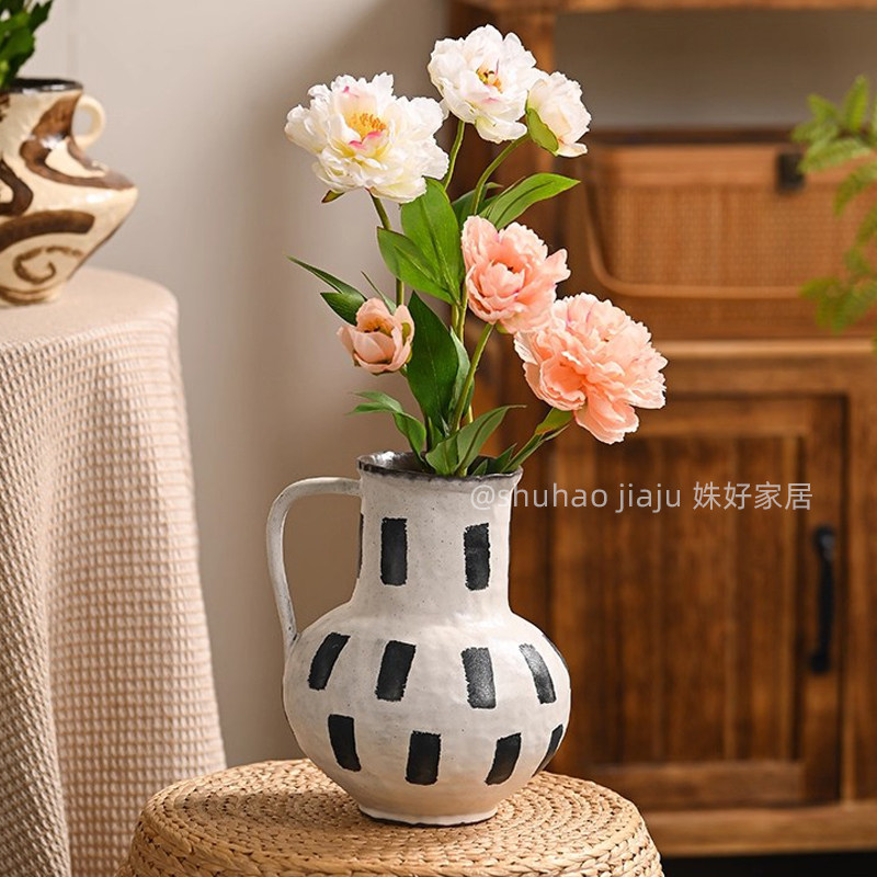 北欧风条纹陶瓷花瓶手柄式水养鲜花干花插花瓶客厅餐桌装饰摆件,家居饰品,花瓶,淘宝优惠券,粉丝福利购,淘宝优惠卷