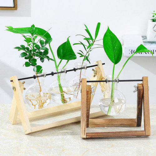 简约创意水培植物玻璃瓶木架花瓶透明水养绿萝插花器皿装饰摆件