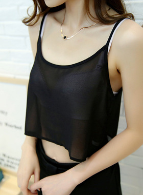 白色短款防静电雪纺小吊带大码宽松防走光内搭薄透明半截小背心女
