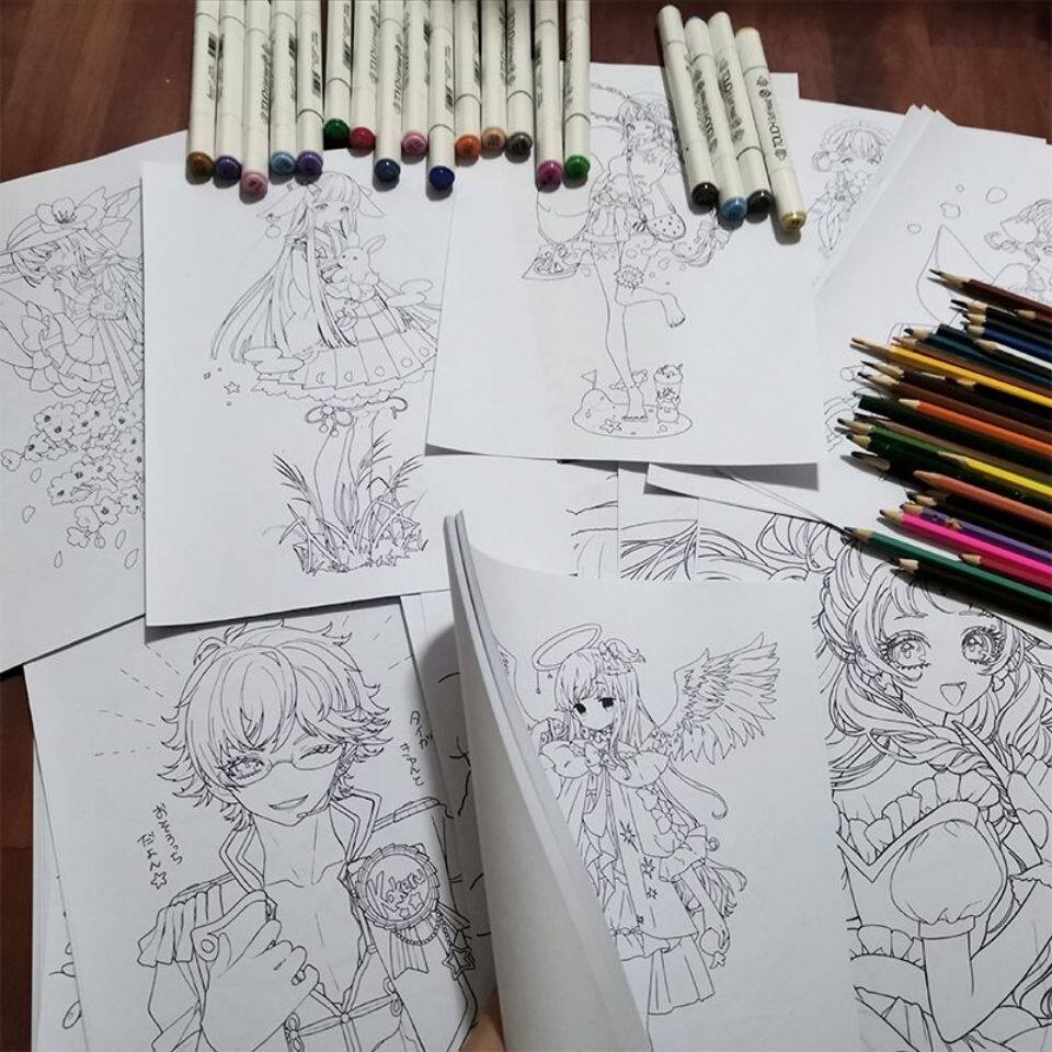 马克笔线稿a4动漫手绘稿临摹填色涂色稿古风萌系二次元绘画线稿动