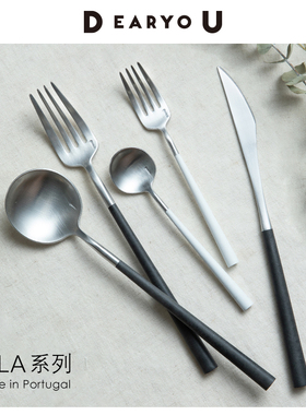 BELO INOX葡萄牙进口黑白不锈钢西餐具蛋糕叉咖啡勺家用牛排刀叉