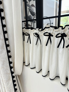 扶风纱法式复古肌理感小黑边琴褶帘头纱透光不透人麻纱半帘免打孔