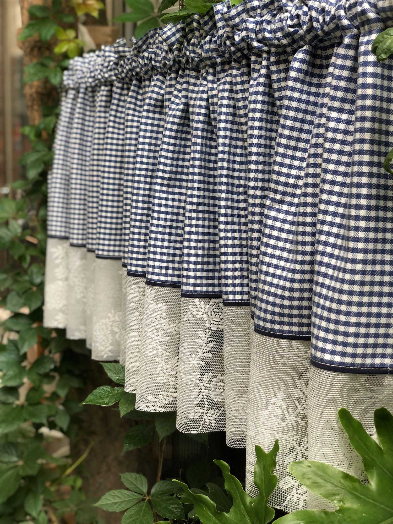 包邮定制深蓝小方格蕾丝厨房洗手台橱柜遮挡半帘门帘窗帘床帘短帘