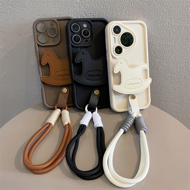 简约皮质木马支架挂绳手机壳防摔