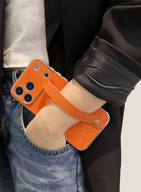 橙色腕带适用opporeno14pro手机壳新款reno15高级感reno13/12/11皮纹reno10简约findx9/8镜头全包A6女A3X外壳