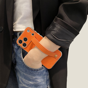 橙色腕带适用opporeno14pro手机壳新款reno15高级感reno13/12/11皮纹reno10简约findx9/8镜头全包A6女A3X外壳