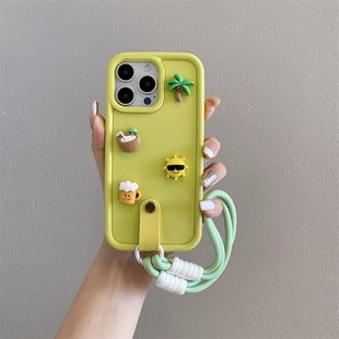 黄色立体椰树适用苹果17promax手机壳iphone16pro斜挎13可背挂绳12手绳11创意女款xr/15pro全包边14pro保护套