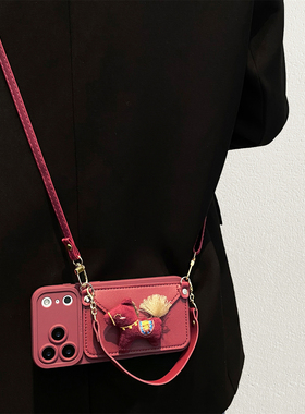 酒红毛绒小马卡包适用vivox300pro手机壳女x200s斜挎x100挂绳x90全包s50软s30硅胶s20/s19/s18腕带y500防摔套