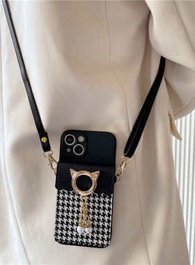 轻奢千鸟格卡包适用华为pura70pro手机壳pura80保护套p60斜挎mate70/mate80pro女nova14/12/11荣耀400防摔500