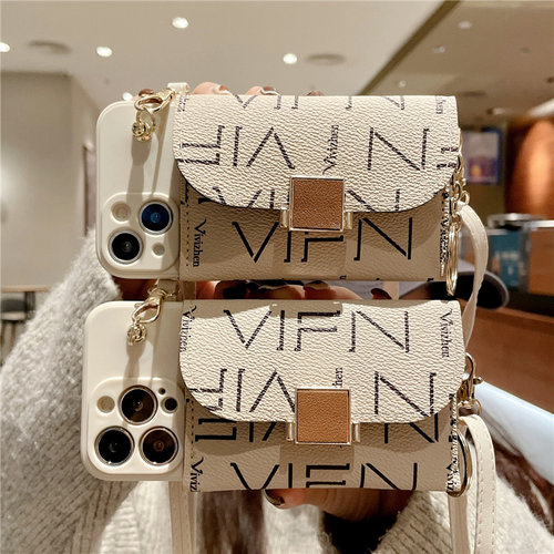 简约董白英文卡包斜跨手机壳挂绳