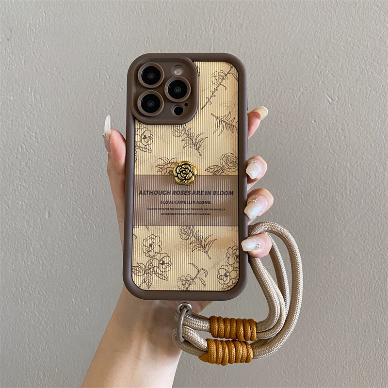 咖色山茶花皮纹手机壳带斜跨挂绳