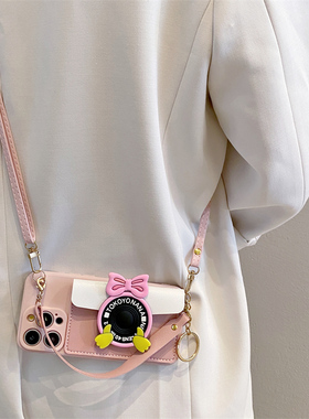 粉卡通相机米妮零钱包适用opporen14斜挎reno13/12/11pro手机壳reno10可爱reno9女findx7/8挂绳A58/A3x防摔套