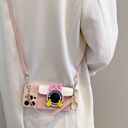粉卡通相机米妮零钱包适用opporen14斜挎reno13/12/11pro手机壳reno10可爱reno9女findx7/8挂绳A58/A3x防摔套