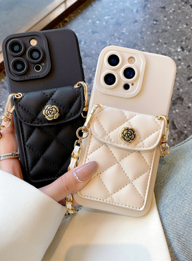 菱格小香风卡包适用opporeno15手机壳reno14/13/12pro可背带reno11斜挎reno10高级findx9山茶花A3个性A5/A6女