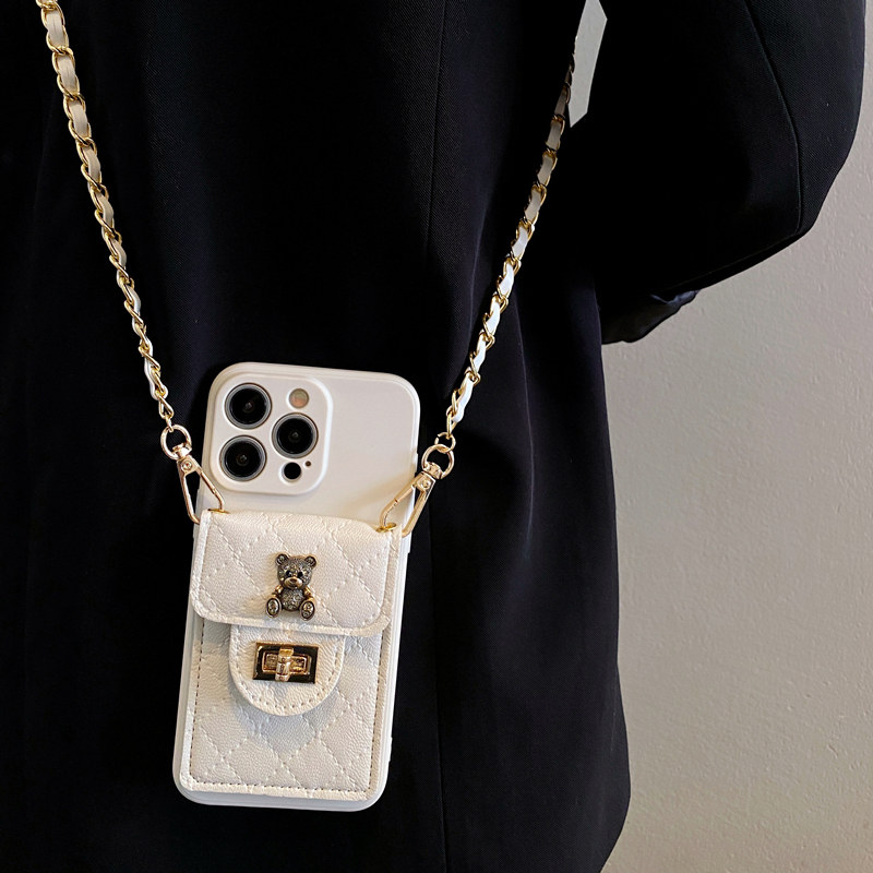 菱格小熊卡包适用iphone16promax手机壳17promax新款苹果15pro斜挎挂绳13保护套14全包软12/11小香风16高级感