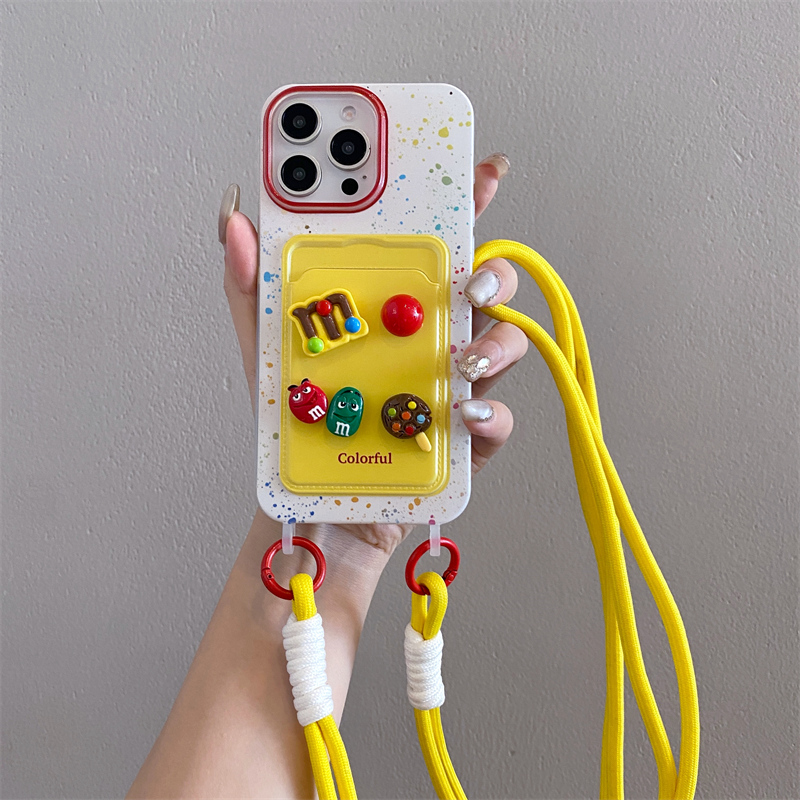 适用苹果15ProMax手机壳iPhone16pro新款立体彩色M豆腕带13pro插卡包卡套12/11女款xr/xsmax挂绳14plus保护壳