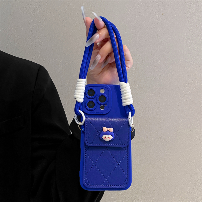 蓝色菱格女孩卡包挂绳手机壳