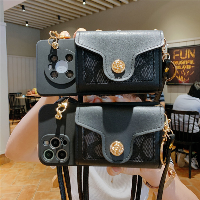 黑色驳花零钱卡包适用苹果16promax手机壳17pro斜挎iPhone15promax挂绳13挂脖14pro可背带12卡包xr硅胶11全包