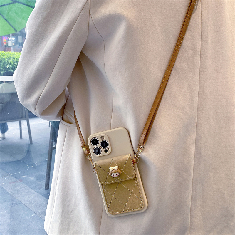 菱格女孩卡包斜跨硅胶手机壳挂绳