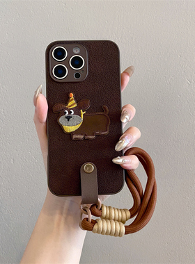 月坑纹刺绣狗适用opporeno15手机壳reno14/13/12pro保护套reno11女reno10新款findx9/8斜跨A6挂绳A5/A3防摔套