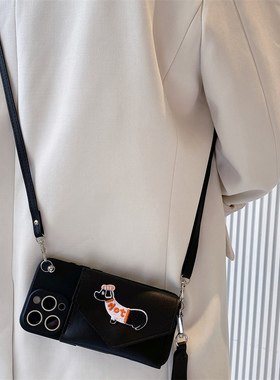 黑色hot刺绣狗卡包适用荣耀400手机壳300/200pro保护套荣耀magic7/6斜挎100背带90gt挂绳80硅胶x60i软壳x50女