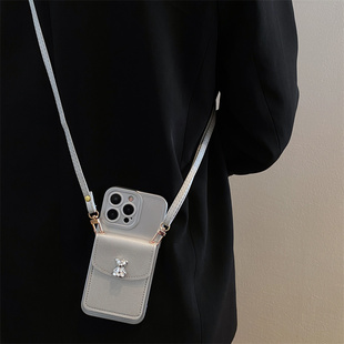 ins银色小熊卡包适用华为mate60pro手机壳pura70pro硅胶软壳pura80斜跨p60/p50挂绳nova14/13/12简约mate70女
