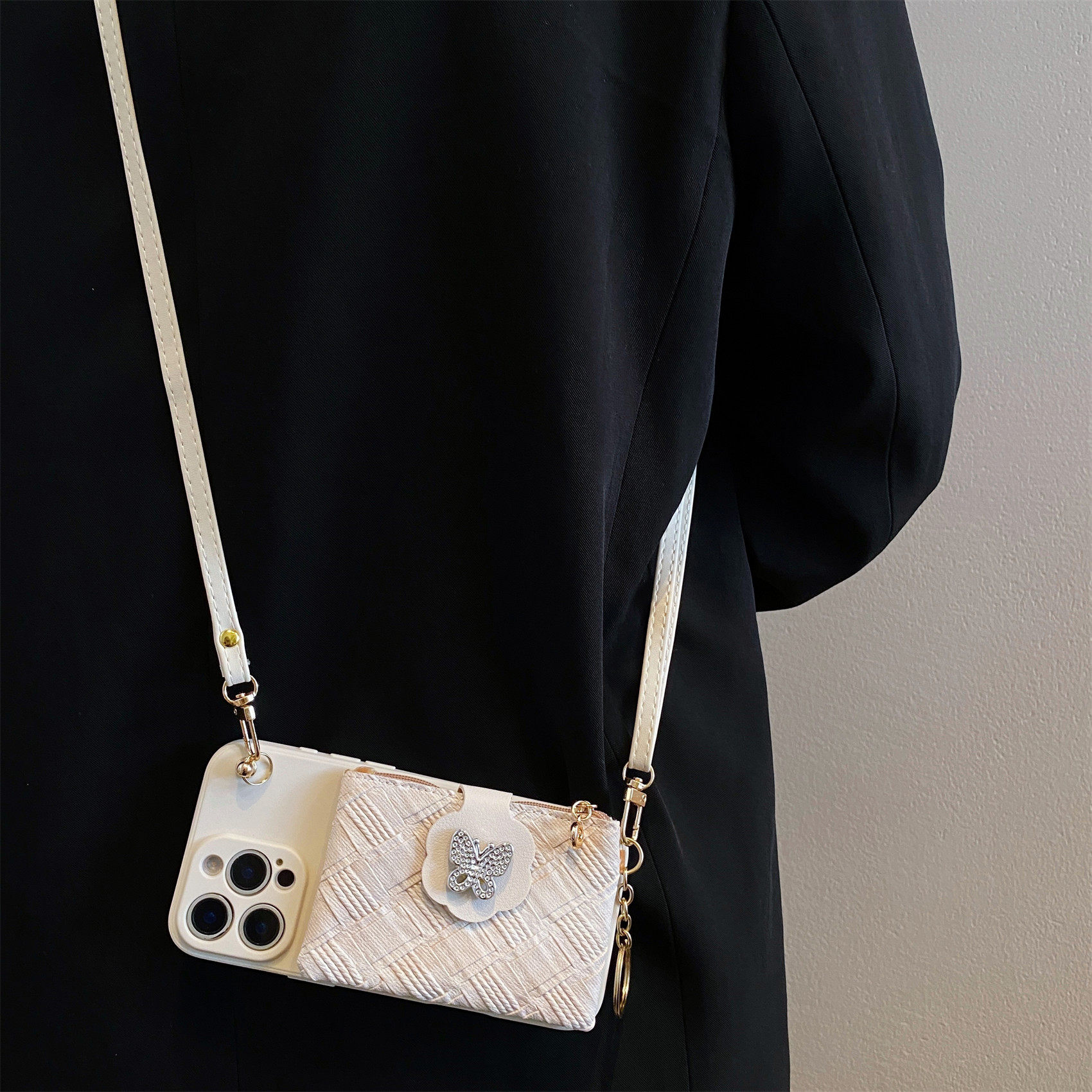 轻奢花朵蝴蝶零钱包适用opporeno15手机壳reno14/13/12pro斜跨挂绳reno11女reno10创意findx9/8防摔A5/A6软壳