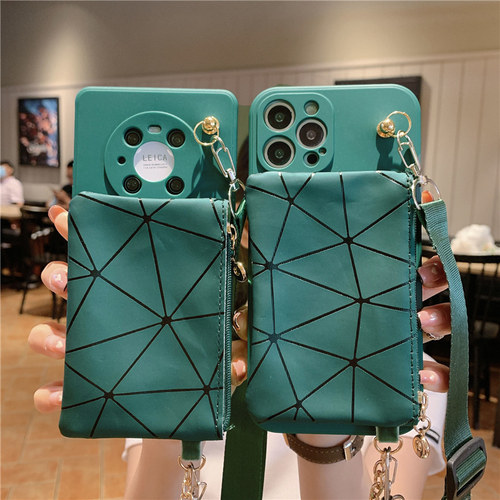 简约绿色菱格零钱包挂绳手机壳