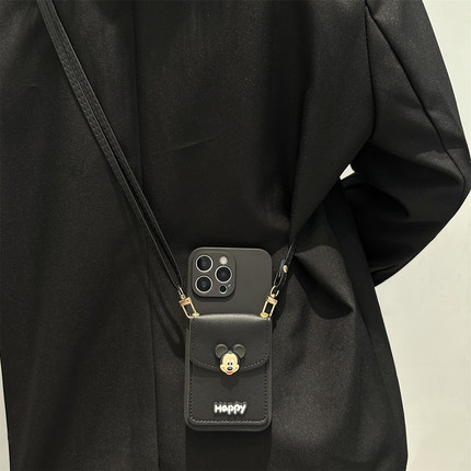 黑色英文米奇卡包适用opporeno14手机壳reno13/12/11pro斜挎reno10挂绳reno9卡通A2/A3防摔A58女findx7/8软套