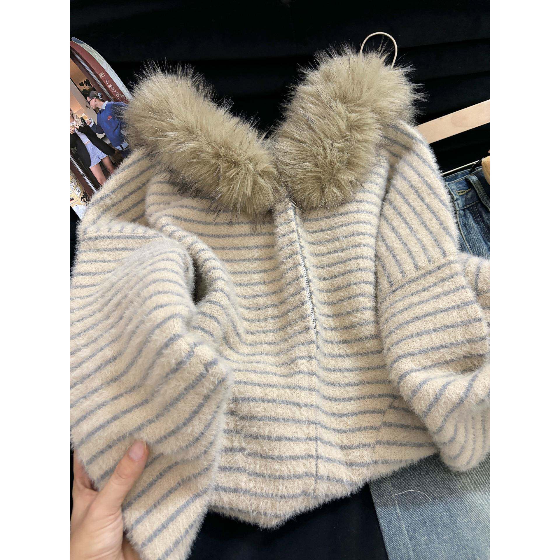 不起球保暖加厚水貂绒毛衣条纹外套女冬季宽松慵懒风开衫针织上衣