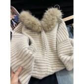 不起球保暖加厚水貂绒毛衣条纹外套女冬季 宽松慵懒风开衫 针织上衣