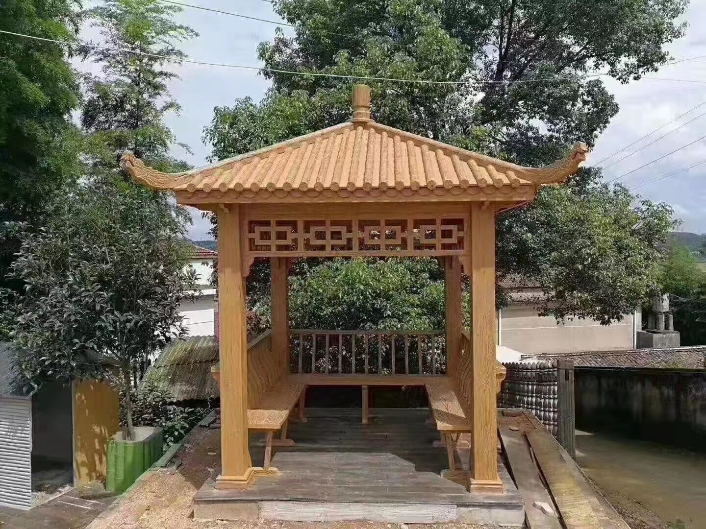 水泥仿木凉亭市政双层新中式水泥廊亭混凝土门楼牌坊别墅户外亭子