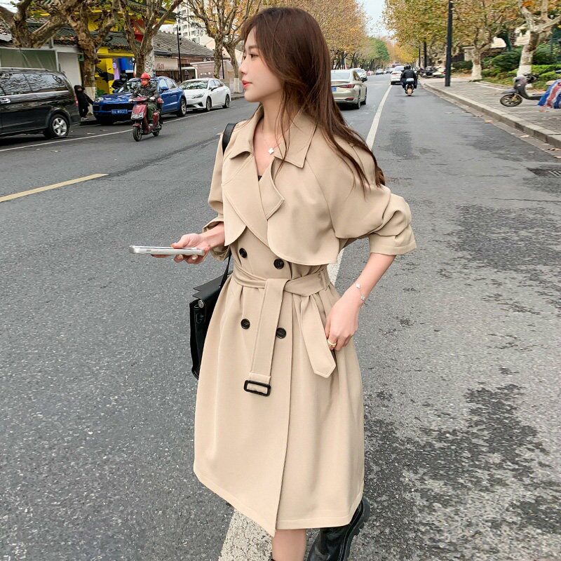 春秋新款小个子收腰中长风衣女